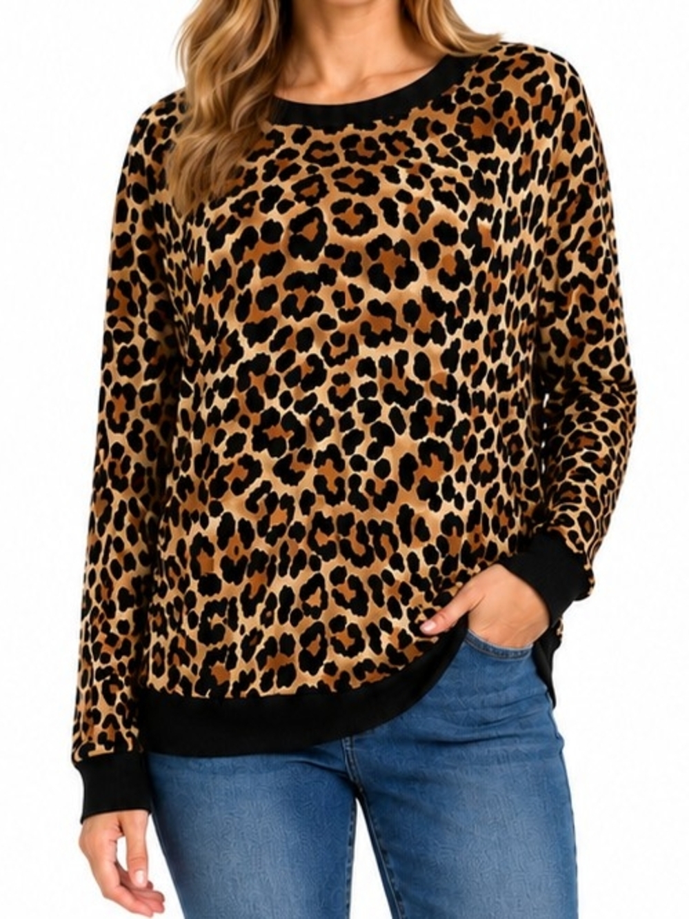Secret Treasures Leopard Print Crewneck Sweater in Brown and Black NWT